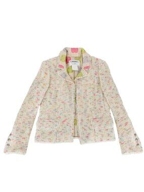 Chanel Ribbon Button Tweed Jacket 38 Ivory Multicolor Gold